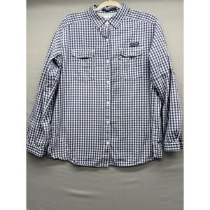 Columbia Shirt Mens Extra Large Blue Gingham Plaid PFG Fishing Super Bonehead